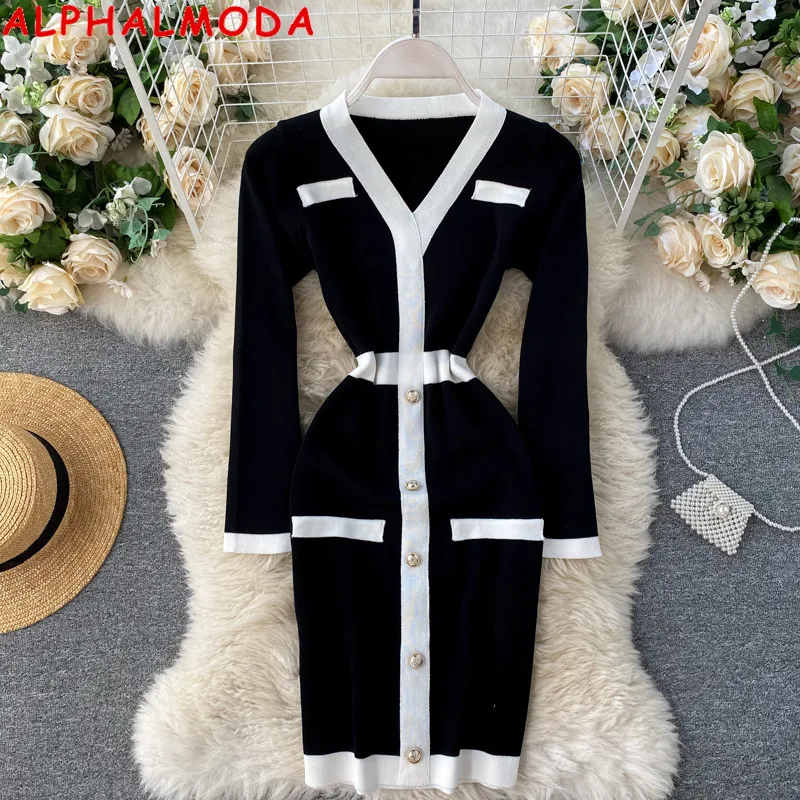 

Женское платье с V-образным вырезом ALPHALMODA, короткое на осень и зиму, новый дизайн, цветовое сочетание, тонкая талия, 2020