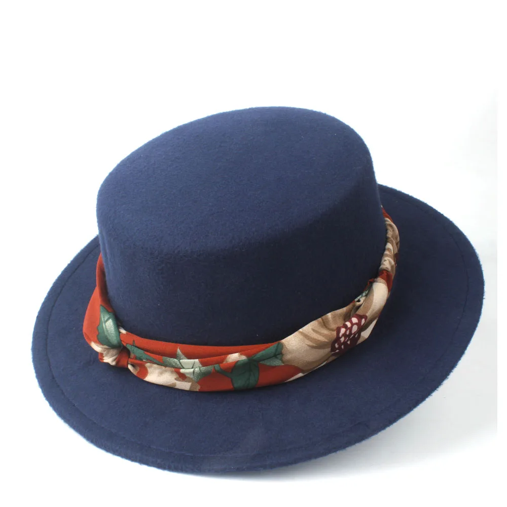 Dark Blue Модные, женские, шерстяные гладкая шляпа с лентой зимняя мягкая фетровая шляпа с широкими полями шляпа уличные вечерние шляпа свинины пирог Трилби чародейная шляпа - Цвет: Dark Blue