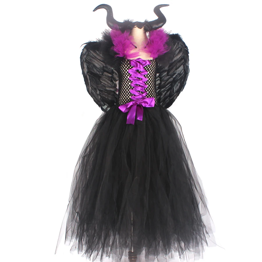 Kids Maleficent Evil Queen Girls Halloween Fancy Tutu Dress Costume Children Christening Dress Up Black Gown Villain Clothes (3)