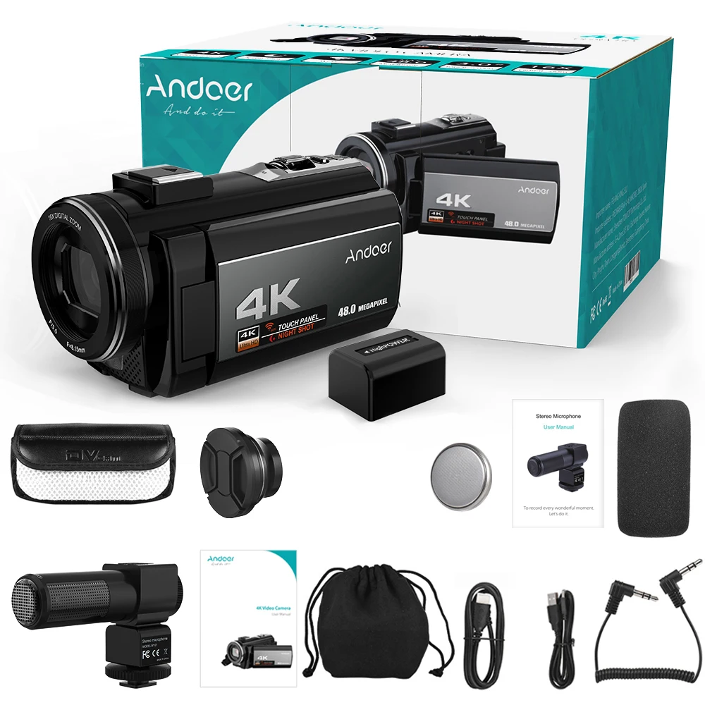 Andoer Портативная Домашняя видеокамера 4K 48MP WiFi цифровая видеокамера с внешним микрофоном 0.39X широкоугольный объектив