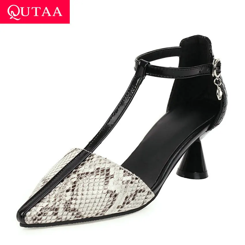 

QUTAA 2020 Snakeskin PU Leather T-strap Buckle Women Sandals Fashion Pointed Toe Strange Heel Hollow Ladies Shoes Big Size 34-43
