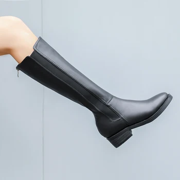 

Genuine leather 4cm med Heels Women Knee High Boots Autumn Winter Shoes Woman rouned Toe Concise High Boots Pumps size 41 42 43