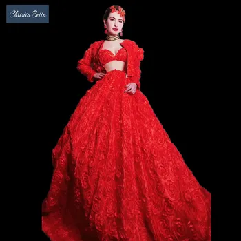 

New Luxury Red Rose Women Evening Party A Line Dress Floral Prom Floor Length Full Dress 3 Piece Sets Stage Singer Costumes