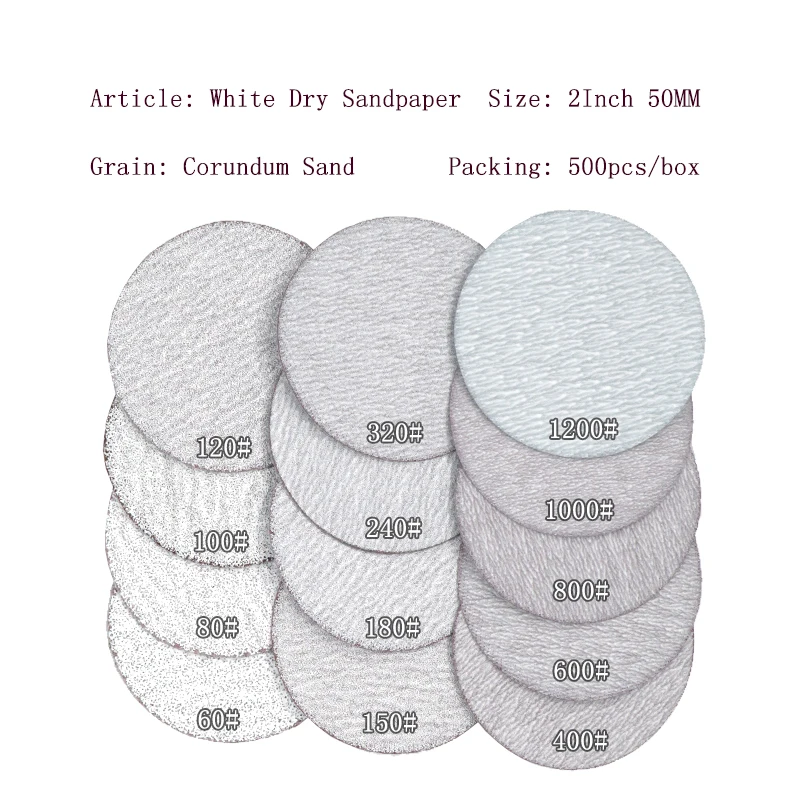 100개 2인치 50mm 샌딩 디스크 후크 앤 루프 화이트 건식 연마 사포 60에서 1000 그릿 목재 금속 자동차 연마용