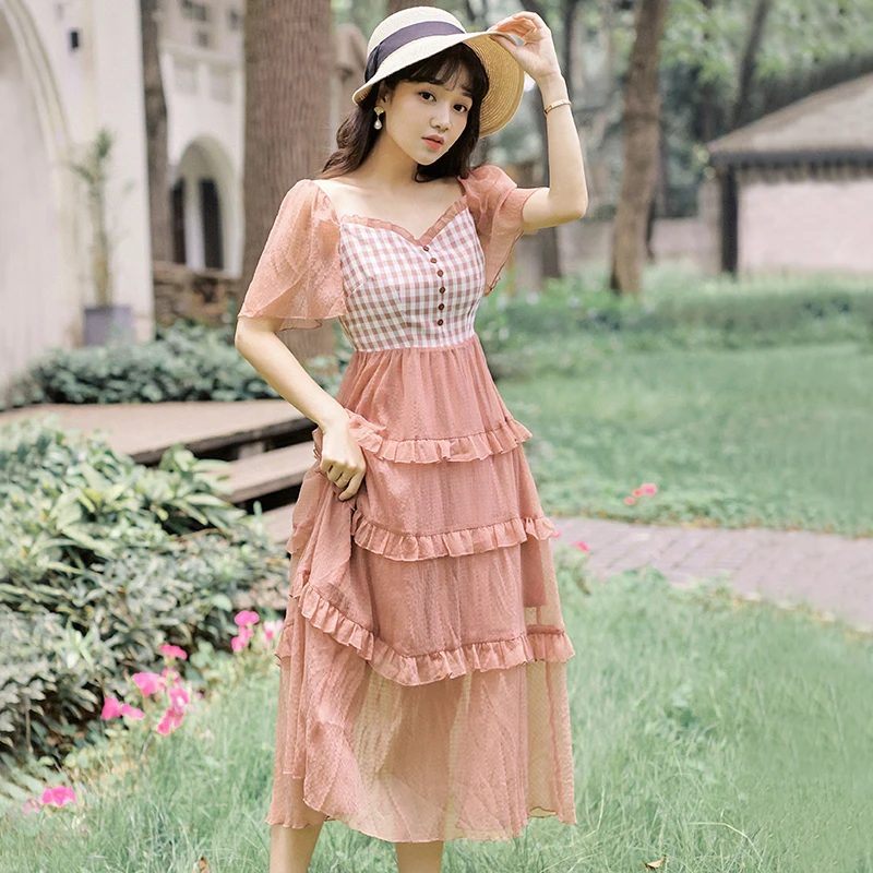 BLLOCUE Summer French Retro Cake Dress Ladies 2020 Sexy Square Collar Silk Wrinkle Stitching Super Fairy Long Women's | Женская