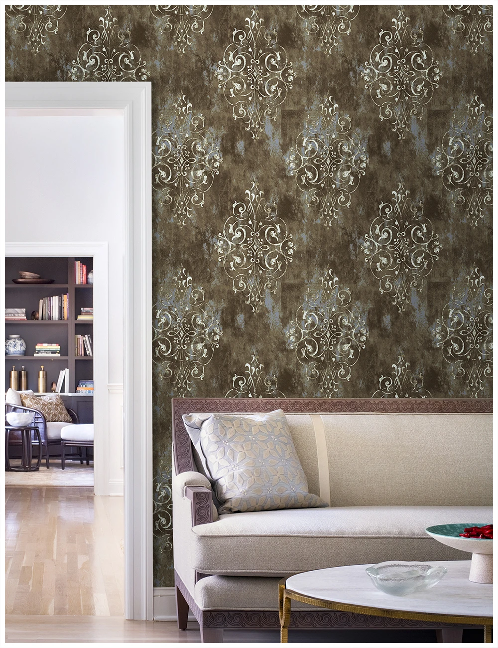 HaokHome Vintage Damask Thick Wallpaper Brown/Beige Vinyl Self Adhesive Wall Paper for Walls Bathroom Bedroom Home Decor