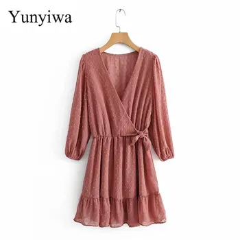 

New Women Elegant Cross V Neck Bow Tied Chiffon Vestido Hem Ruffles Mini Dress Autumn Ladies Elastic Waist Kimono Dresses