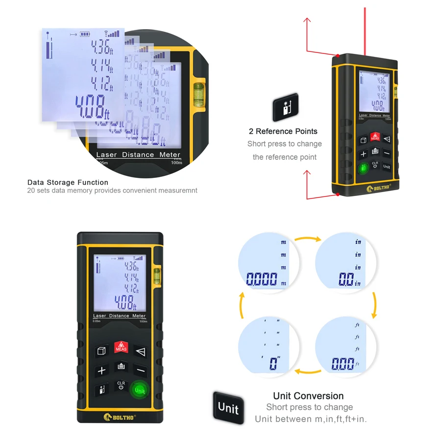 Лазерный дальномер 328Ft/100 M/In/Ft с пузырьковым уровнем, BOLTHO дальность, площадь и объем, по пифагору