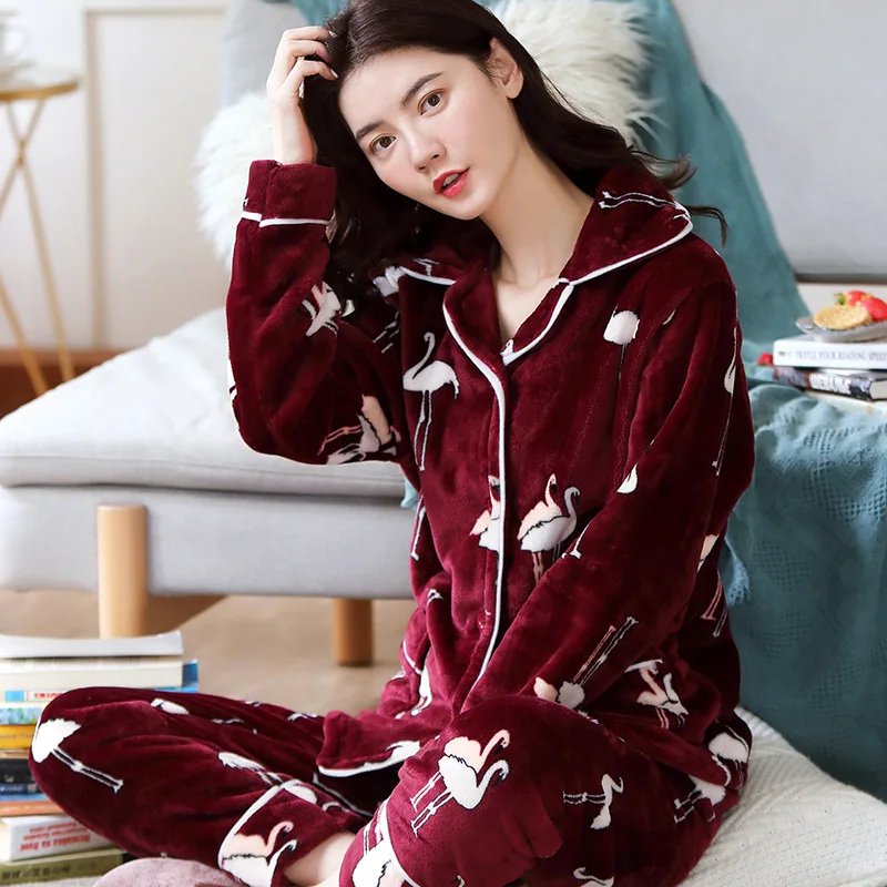 

Flannel Pajamas Women's New Style for Autumn and Winter Coral Fleece Set Cartoon Printed Pajamas Cute Pijama Loungewear