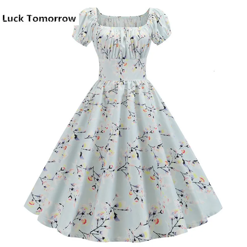 

Women Vintage Floral Printed Summer Dress Puff Sleeve Elegant A-line Midi Party Dress Robe 2019 Chic Rockabilly Pinup Vestidos