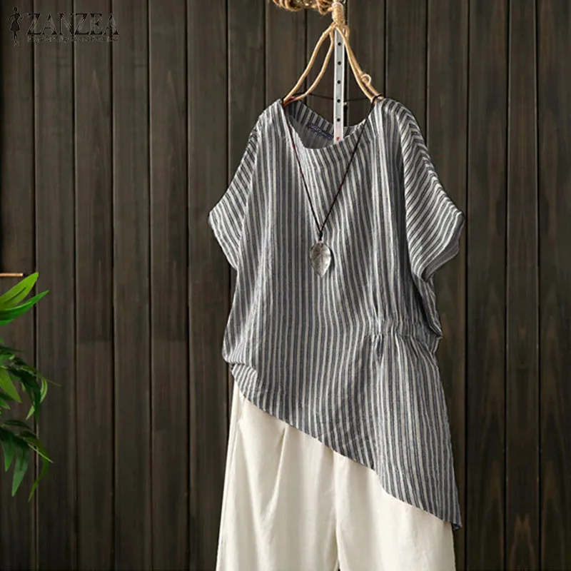  Elegant Striped Shirts Women's Summer Blouse 2019 ZANZEA Casual Asymmetrical Blsuas Female Elastic 
