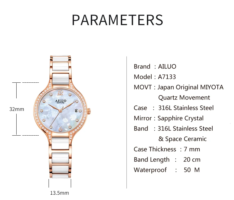 Франция роскошный бренд AILUO женские часы Япония MIYOTA кварцевый механизм сапфир Водонепроницаемые женские бриллиантовые Наручные часы A7133