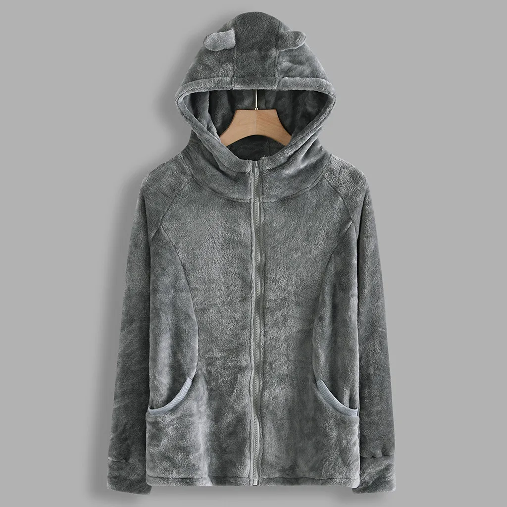 

JAYCOSIN Autumn Women's Fashion Solid color Faux Fur Jacket plush Rabbit Ear Hooded Plush Zip Pocket Coat hooded cardigan jacket