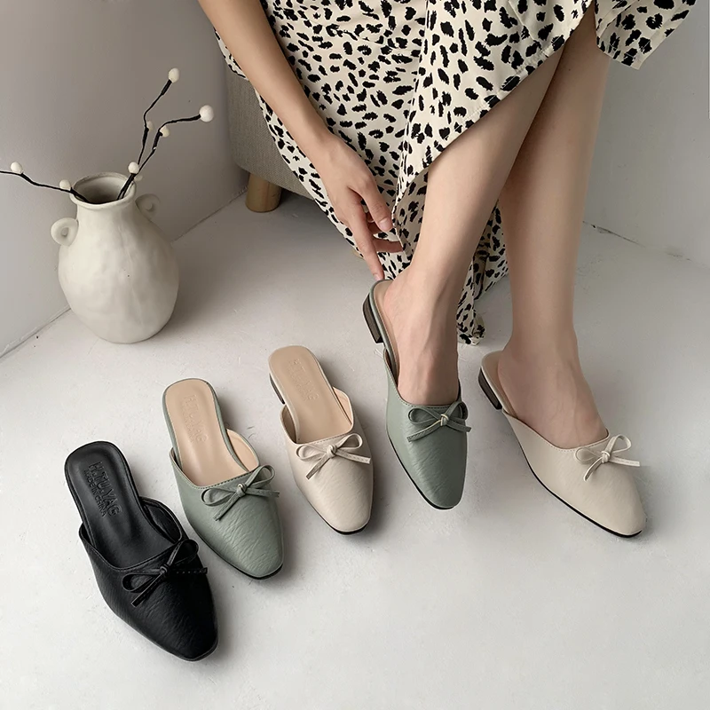 

Butterfly-knot Slippers Women Summer Slides Square Toe Shoes Low Lady Sliders Baby 2019 Cover Basic Retro PU Rubber heel