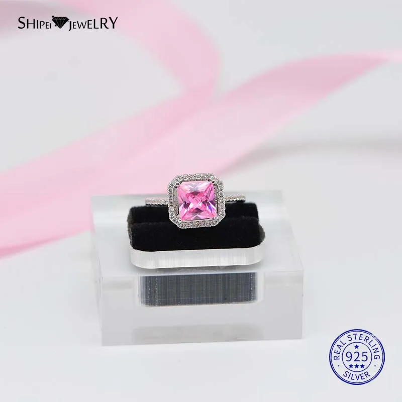 Розовый ShiPei 925 пробы, серебряное, желтое, розовое, белое, фиолетовое сапфировое, рубин, изумруд, квадратное обручальное кольцо для женщин, подарок на день Святого Валентина - Цвет камня: Розовый