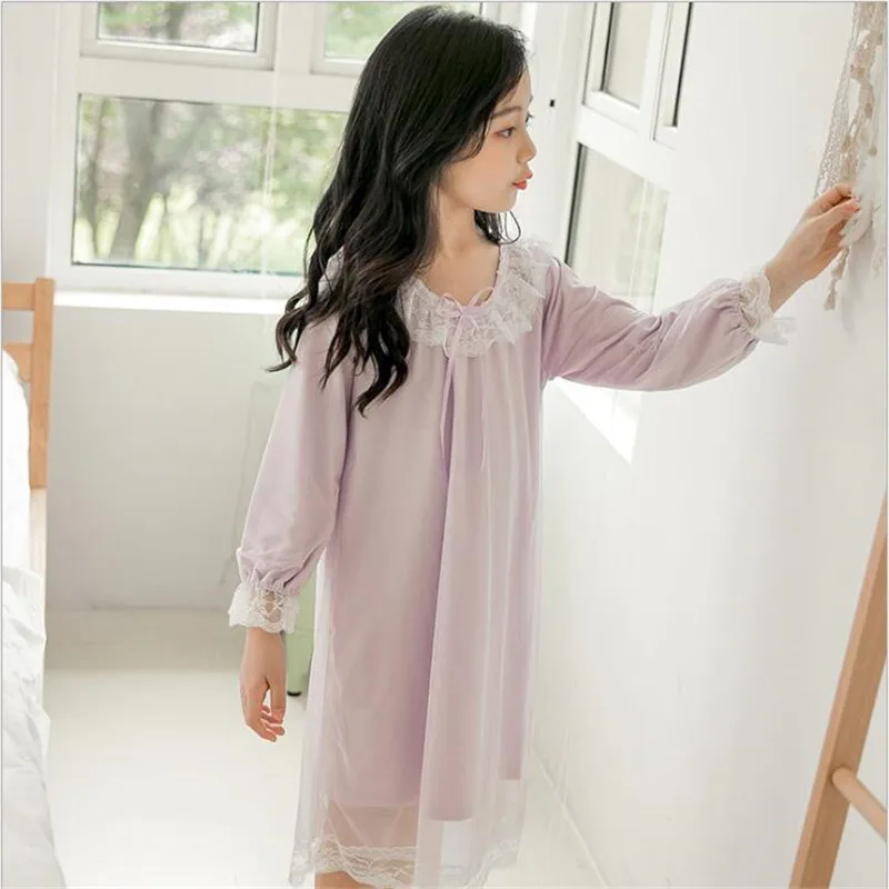 

Teenage Girls Sleepwear Dress Spring Big Girls Lace Bow Long Nightgown Kids Dress 6 8 10 12 14Year