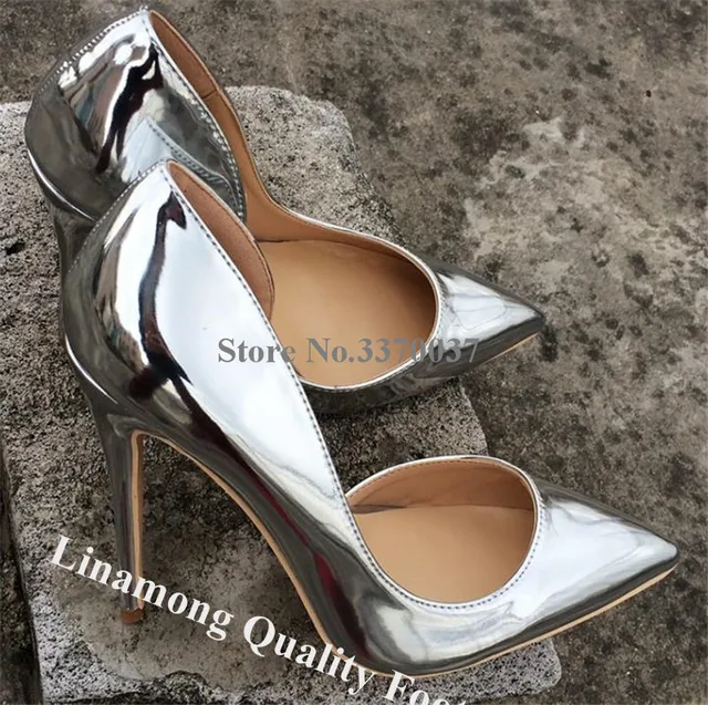 Linamong Sexy Patent Leather Pointed Toe Shallow Stiletto Heel Pumps 12cm Nude Black Shining High Heels Formal Dress Shoes 1