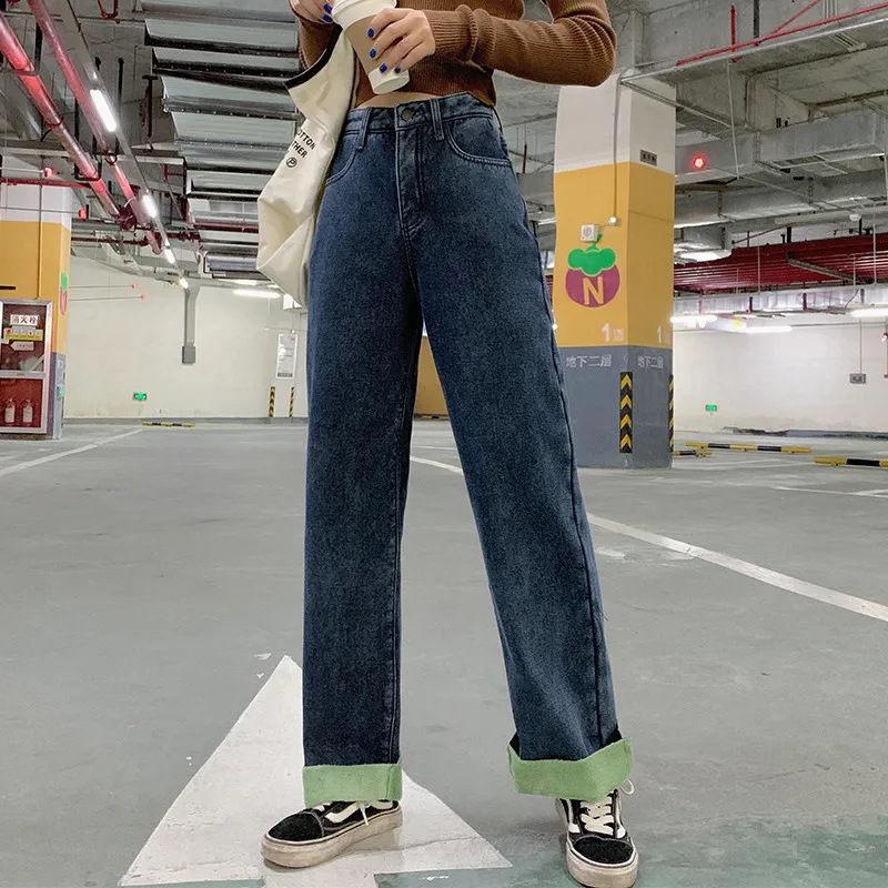 Winter Fleece Wide Leg Pants Women Warm Thicken Jeans Sexy Solid Jean Pants Fashion Loose Denim Trouser Streetpants P9261