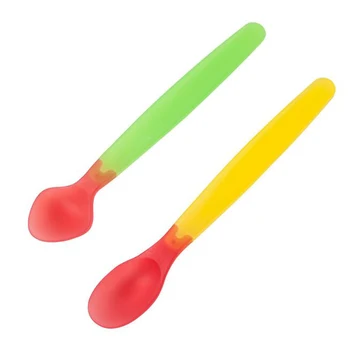 

2pcs/set Temperature Sensing Spoon Fork for Baby Safety Feeding 0~2 Years Old Child Dining Spoon Tableware Plastic Patchwork