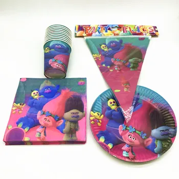 

50Pcs Trolls Theme Design Disposable Tableware Kids Girls Boys Birthday party Paper Plate +Cup+Napkin+flags Decoration Supplies