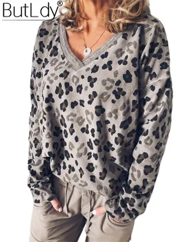 

V-neck Leopard Print Sweatshirt Women Hot Selling 2019 Autumn Winter Hoodies Long Sleeve Loose Pullovers Female Sweatshirts