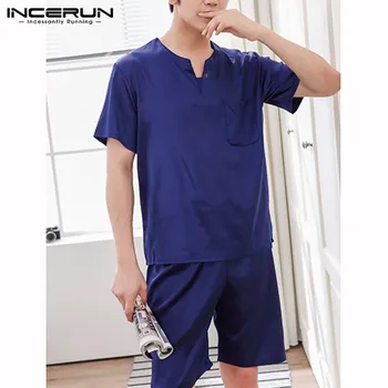 

INCERUN Summer Men Pajamas Sets Homewear Solid Color V Neck Breathable Short Sleeve Tops Shorts Casual Sleepwear Sets Soft S-5XL