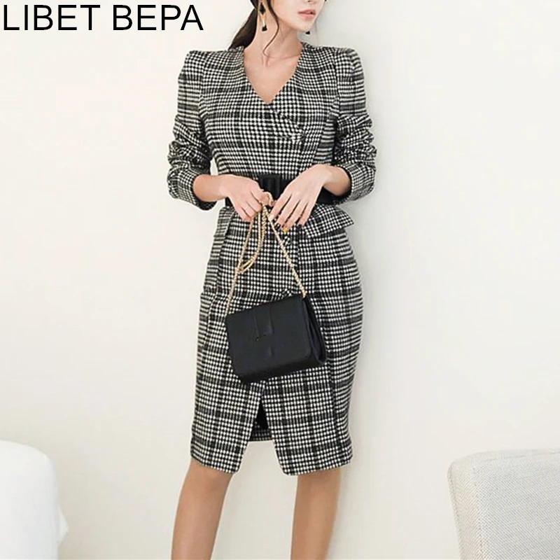 

2019 New Autumn Winter Women Dress Plaid V-Neck Sashes Slit Single-breasted Elegant Package Hip High Waist Overcoat Dress DR9120