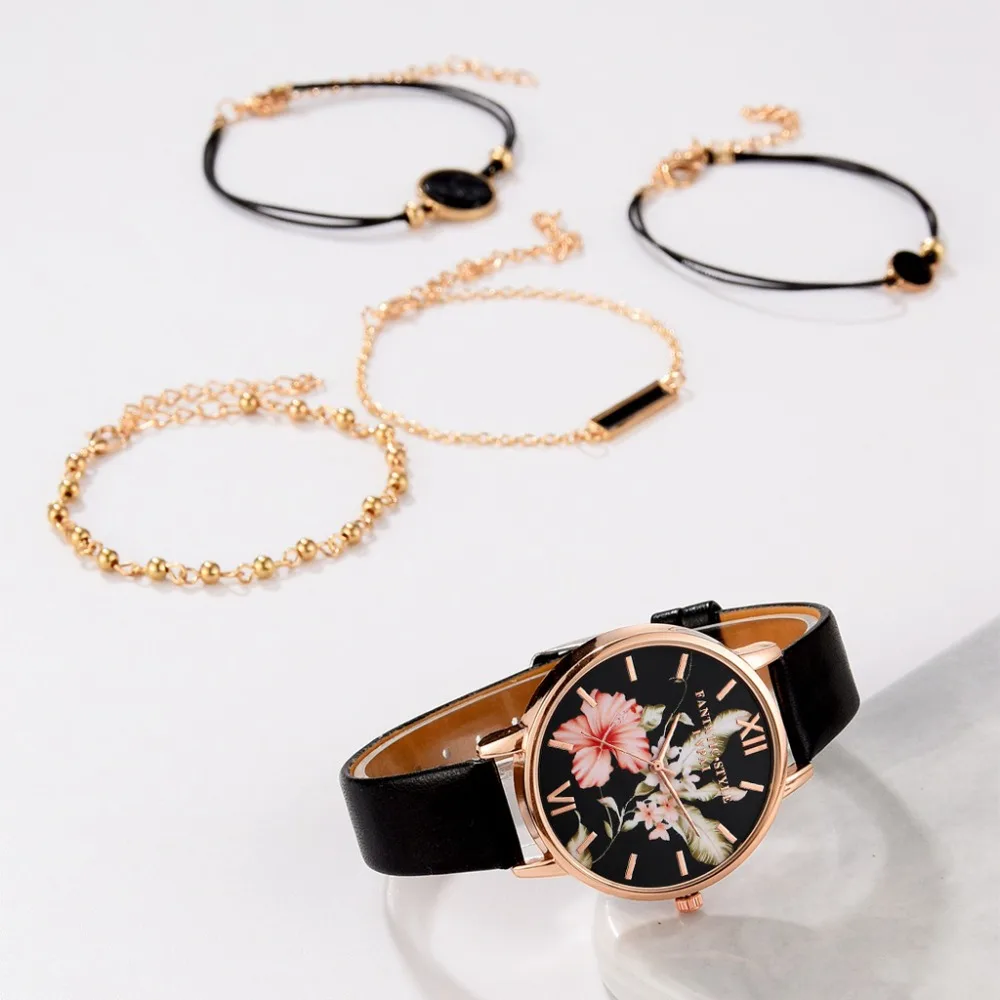 Lvpai 5pcs set Women Watches Bracelet Black Ladies Bracelet Watch Casual Leather Quartz Wristwatch Clock Relogio Feminino