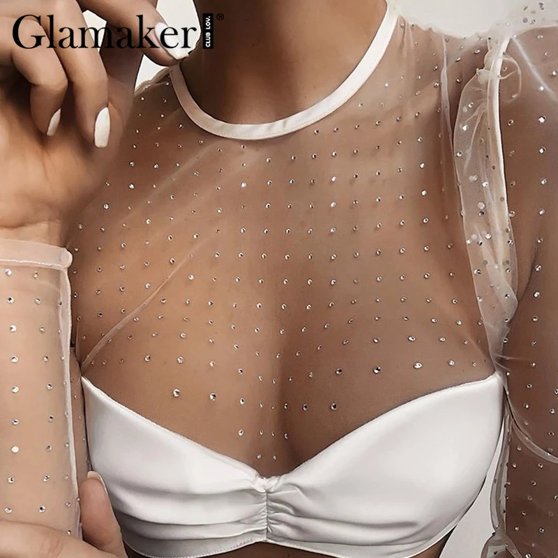 Glamaker, трикотажная сетчатая блузка в горошек, женская, с круглым вырезом, с длинным рукавом, из кусков, короткая белая блузка, женская, осень, зима, Сексуальная Блузка