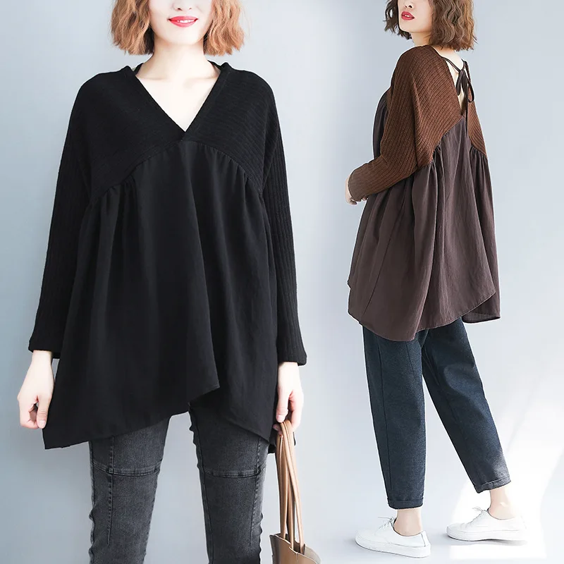 ^Cheap 2019 Spring Summer Large Size Literature And Art V-neck Sweater Cotton Linen Long Sleeve Joint Loose-Fit Slimming Tops T-shirt W