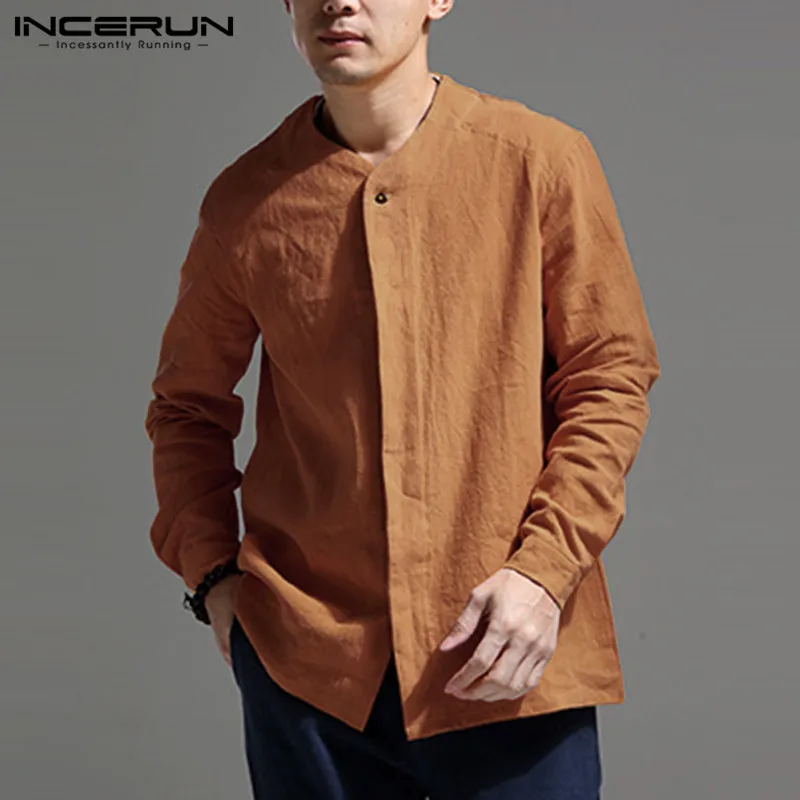 INCERUN Vintage Men Shirt Long Sleeve Retro Cotton Linen Button Casual Blouse V Neck Solid Chinese Style Shirts Men Camisa