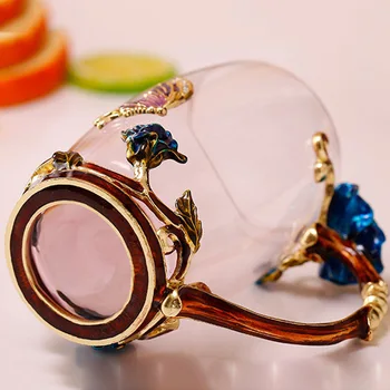 

Newly Enamel Coffee Tea Cup Mug 3D Rose Butterfly Glass Cups Wedding Gift MK