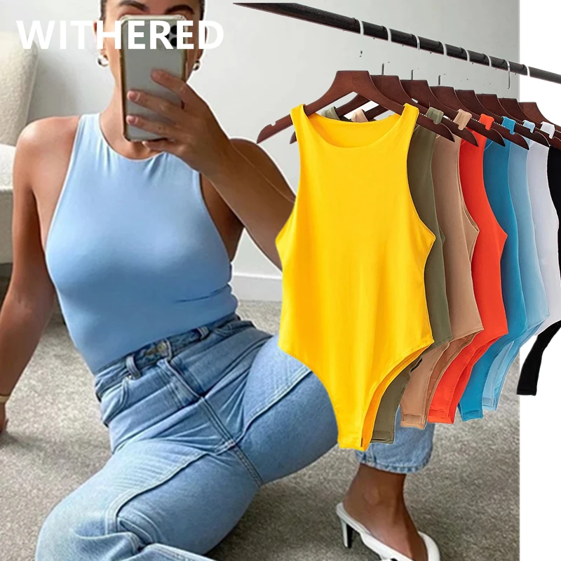 Withered summer bodysuits women ins fashion blogger england high street candy color sexy sheath sleeveless bodysuits women tops