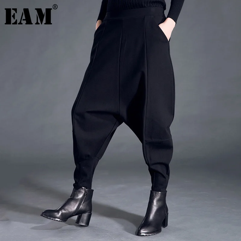 Full-Length Harem Pants Patchwork High-Waist Fashion EAM Spring Elastic-Pockets Black