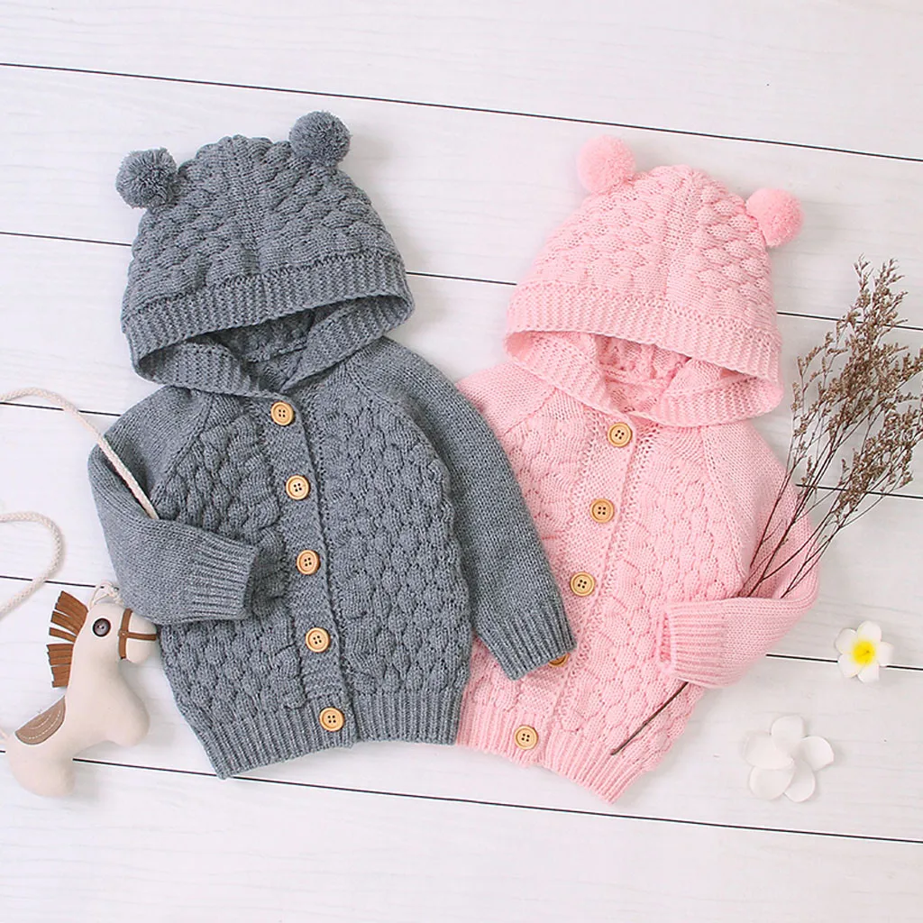 Зимняя куртка для новорожденных девочек и мальчиков теплое пальто Вязаная верхняя одежда, свитер с капюшоном