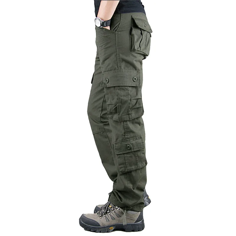 Мужские брюки карго с несколькими карманами, верхняя одежда, военная Военная верхняя одежда, рабочие тактические штаны, тренировочные хлопковые свободные штаны для мужчин - Цвет: Зеленый