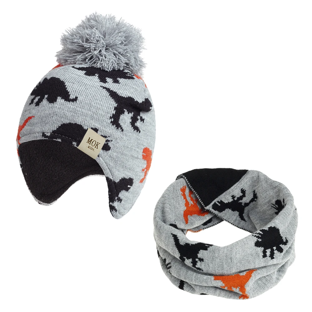2023 New Baby Boys Girls Ear Hat and Scarf Set 2pcs Knitted Winter Hats For Kids Dinosaur Print Children Knit Thicken Beanie Cap