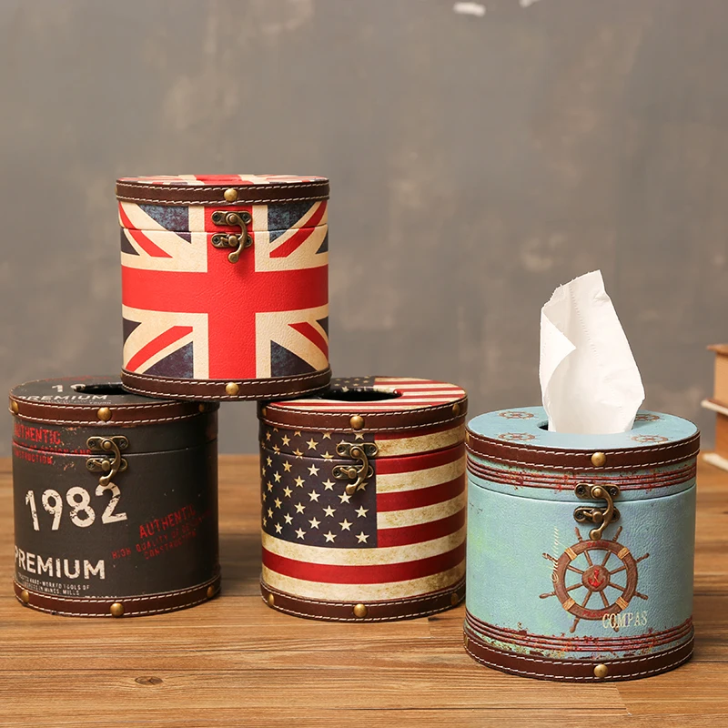

Nordic Vintage Tissue Boxes Round Leather Luxury Creative Napkin Box National Flag Toilet Paper Roll Boite Mouchoir Room Decor