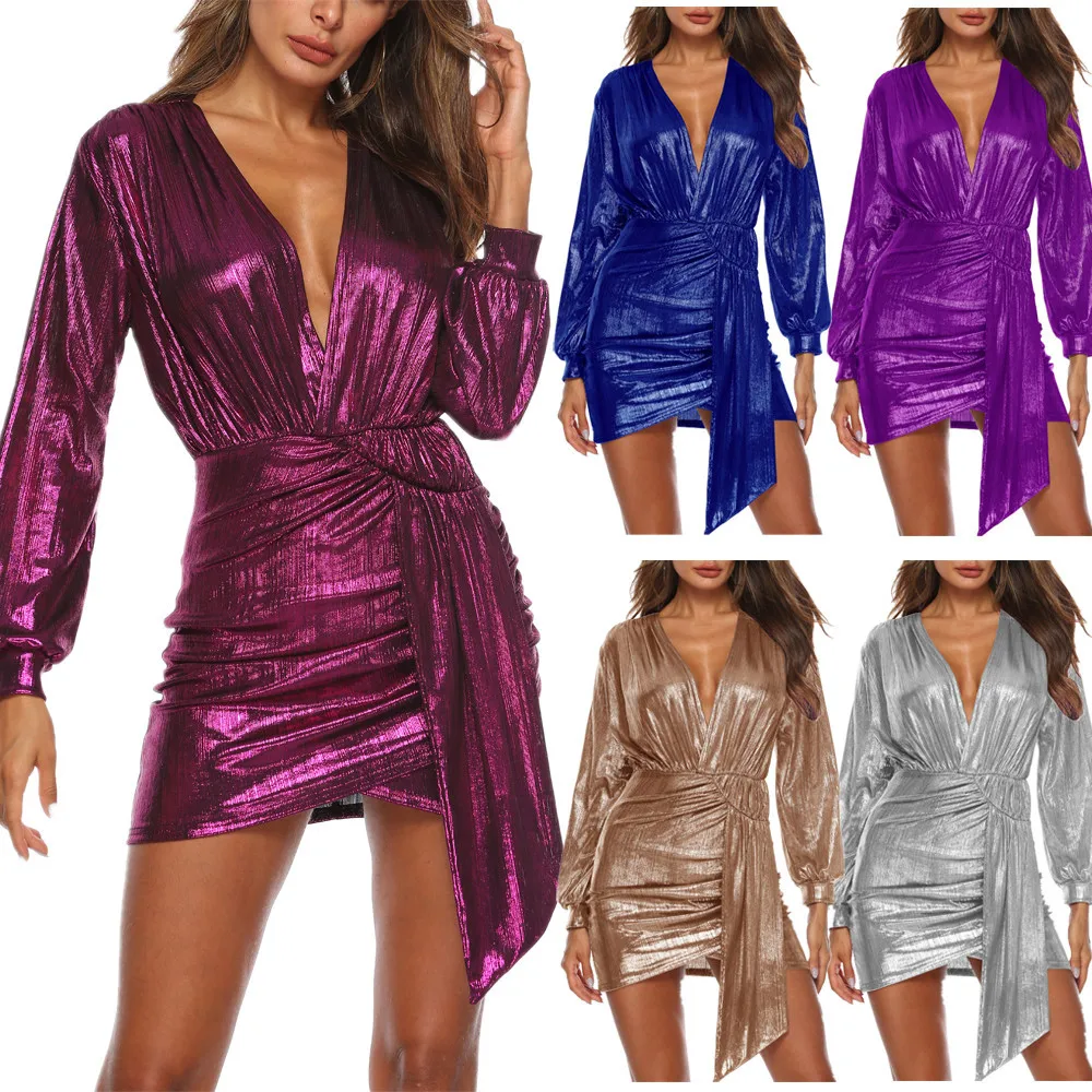 

Navidad Women Summer Dress Hot Style Europe Irregular Bronzing Sexy Long Sleever Dress Nightclub V-neck Mini Dresses Vestidos