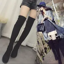 Сапоги выше колена; женская обувь; женские сапоги; модные сапоги из флока на плоской подошве; Новинка года; зимние теплые сапоги до колена с коротким мехом; B52