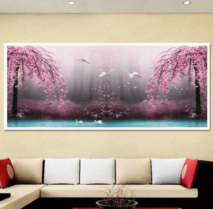 

Large Full square round drill 5D DIY diamond painting sakura Tree lake scenery embroidery bead Home decor mosaic gift YG1080