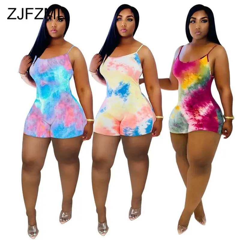 Spaghetti Strap Sexy Plus Size Bodysuit For Women Tie Dyeing Print Elastic Bodycon Playsuit Casual High Waist Sleeveless Romper Spaghetti Strap Sexy Plus Size Bodysuit For Women Tie Dyeing Print Elastic Bodycon Playsuit Casual High Waist Sleeveless Romper