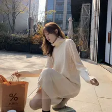 

Autumn Winter Women Dress Korean Style Sweater dress Knitted Turtleneck Loose Straight Female bing vestido de mujer 2020 HOT