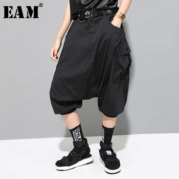 

[EAM] 2020 New Spring Autumn High Elastic Waist Loose Black Pocket Split Joint Harem Pants Women Trousers Fashion Tide JX501