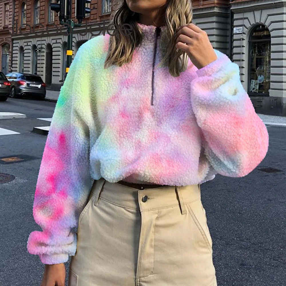 Fashion Tie dye Fur Warm Loose Hoodies 