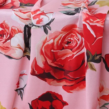 

Rose Printing Pink Stretch Silk Satin 93% Silk 7%spandex Clothing Cheongsam Skirt