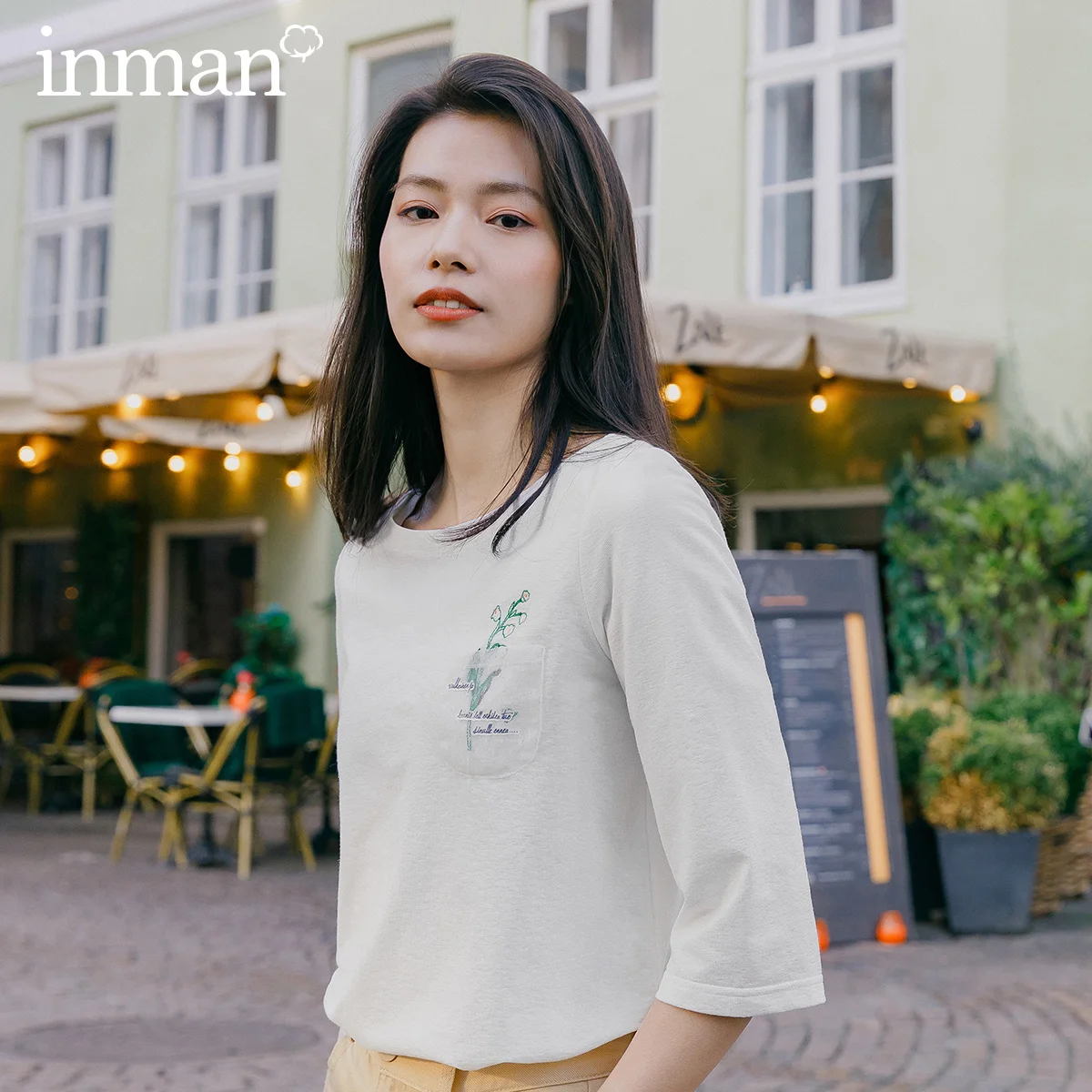 

INMAN 2020 Spring New Arrival Literary Pure Color Boat Neck Lace Chest Loose Sleeve woman T-shirt