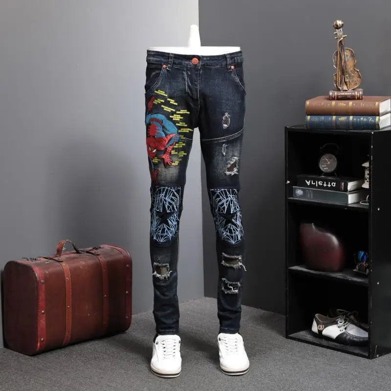 

2020 Personality Self-cultivation Elastic Force Directly Canister Spider Chivalrous Embroidery Jeans Male Holes Trend Long Pants