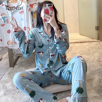 

Women Pajamas Set Long-sleeved Cardigans Fashion Homewear Lapel Cartoon Fruit Print Sleepwear new