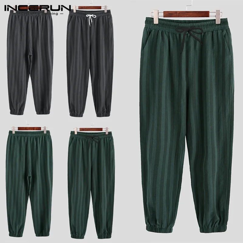 INCERUN Men Trendy Striped Pants Cotton Elastic Waist Trouser Pockets Korean Streetwear Mens Pencil Sweatpants Masculina